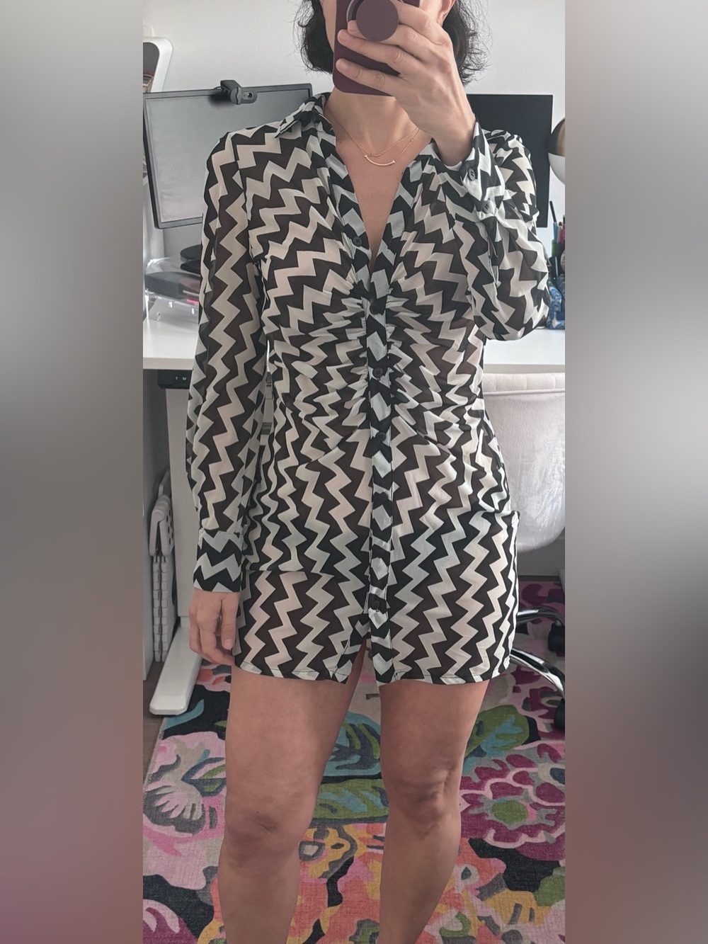 Black & White Zigzag Button-Front Women’s Sheer Shirt-Dress